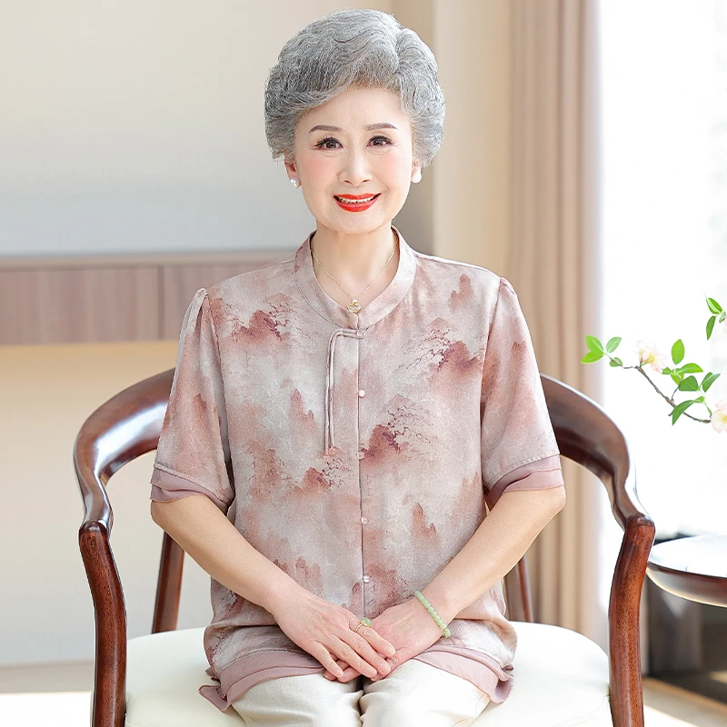 夏装女奶奶雪纺衬衫中老年50-60岁妈妈装洋气春夏季新中式衬衣服