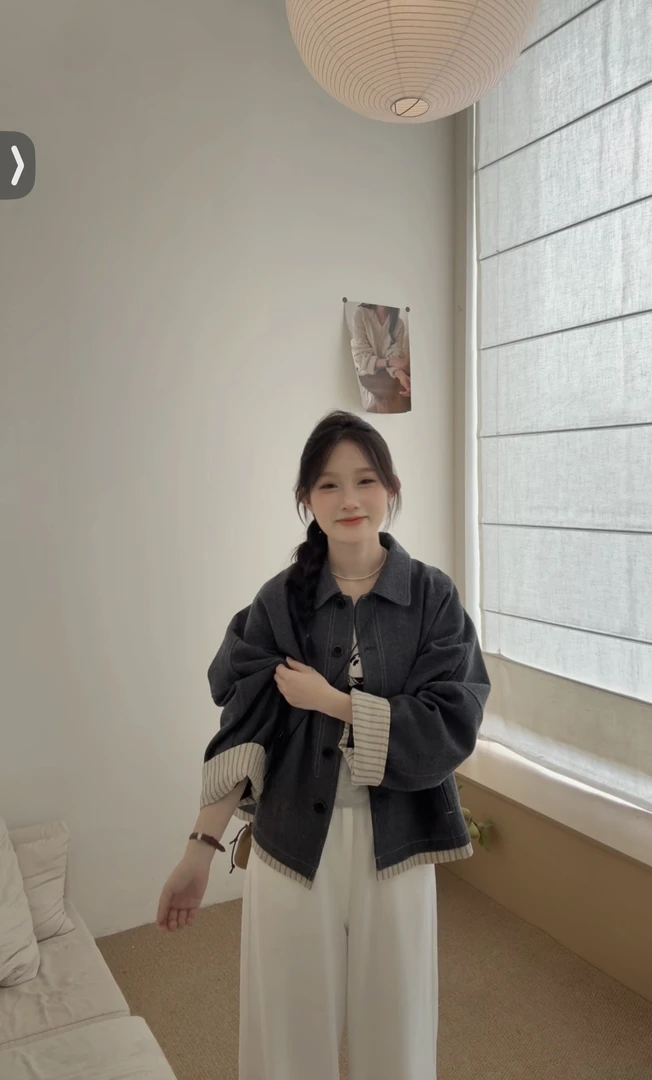 拼接款麻感牛仔外套