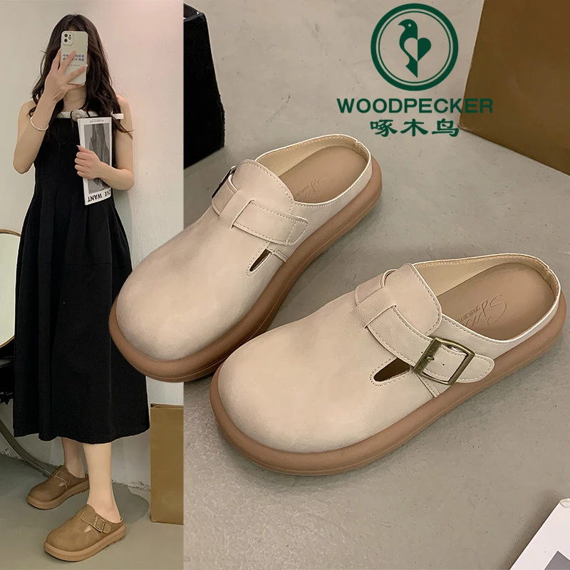 啄木鸟2025新款厚底勃肯鞋半拖女春复古一脚蹬百搭包头拖鞋博肯鞋