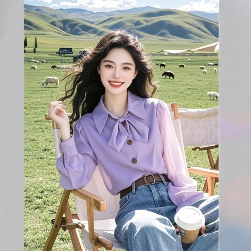 紫色蝴蝶结系带衬衫女2025早春法式别致百搭长袖衬衣高端气质上衣