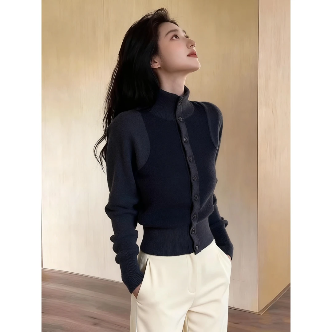 秋冬巨好看修身内搭高领针织开衫女设计收腰毛衣外套长袖打底上衣