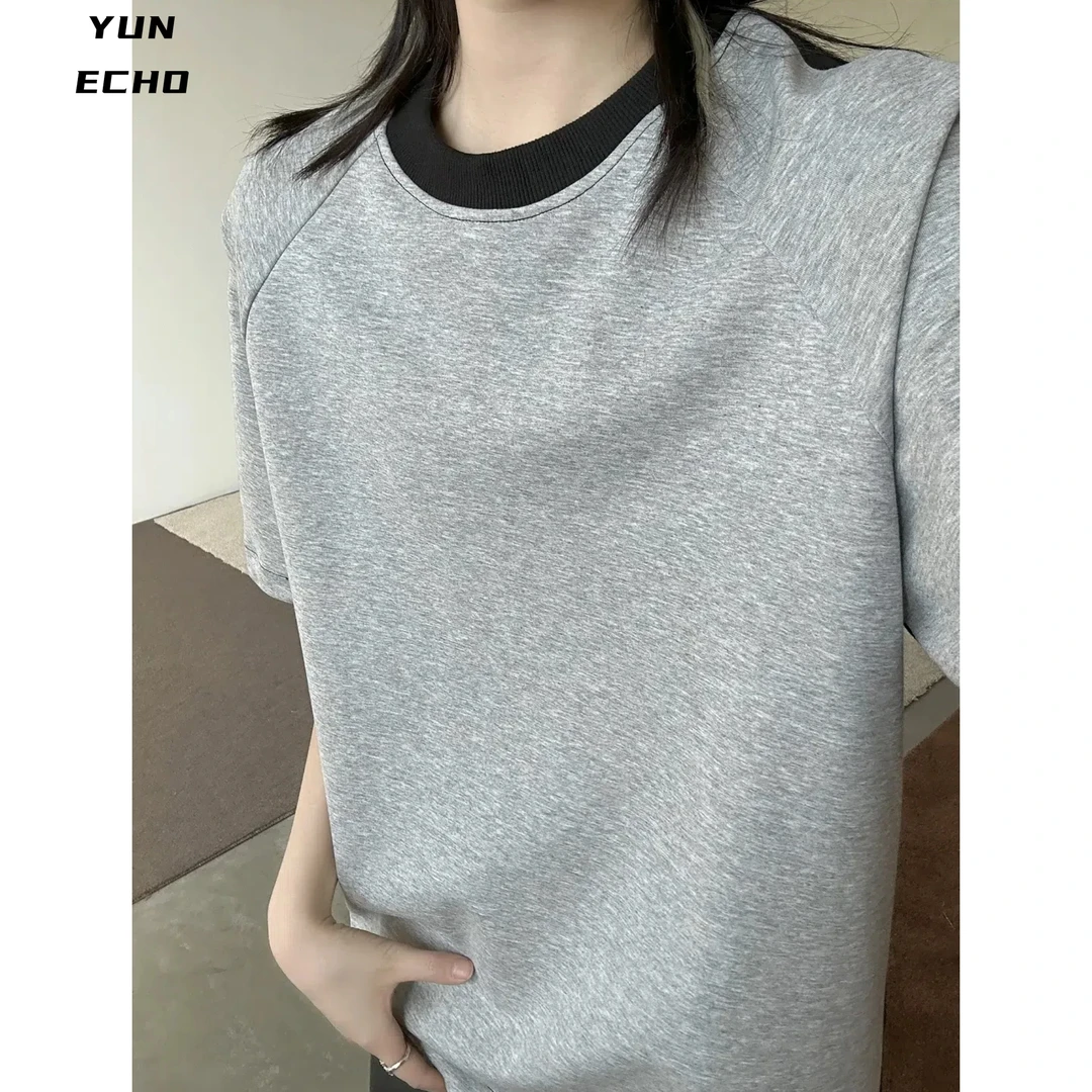 撞色设计感圆领短袖t恤男款夏季美式高街cleanfit穿搭体恤衫上衣