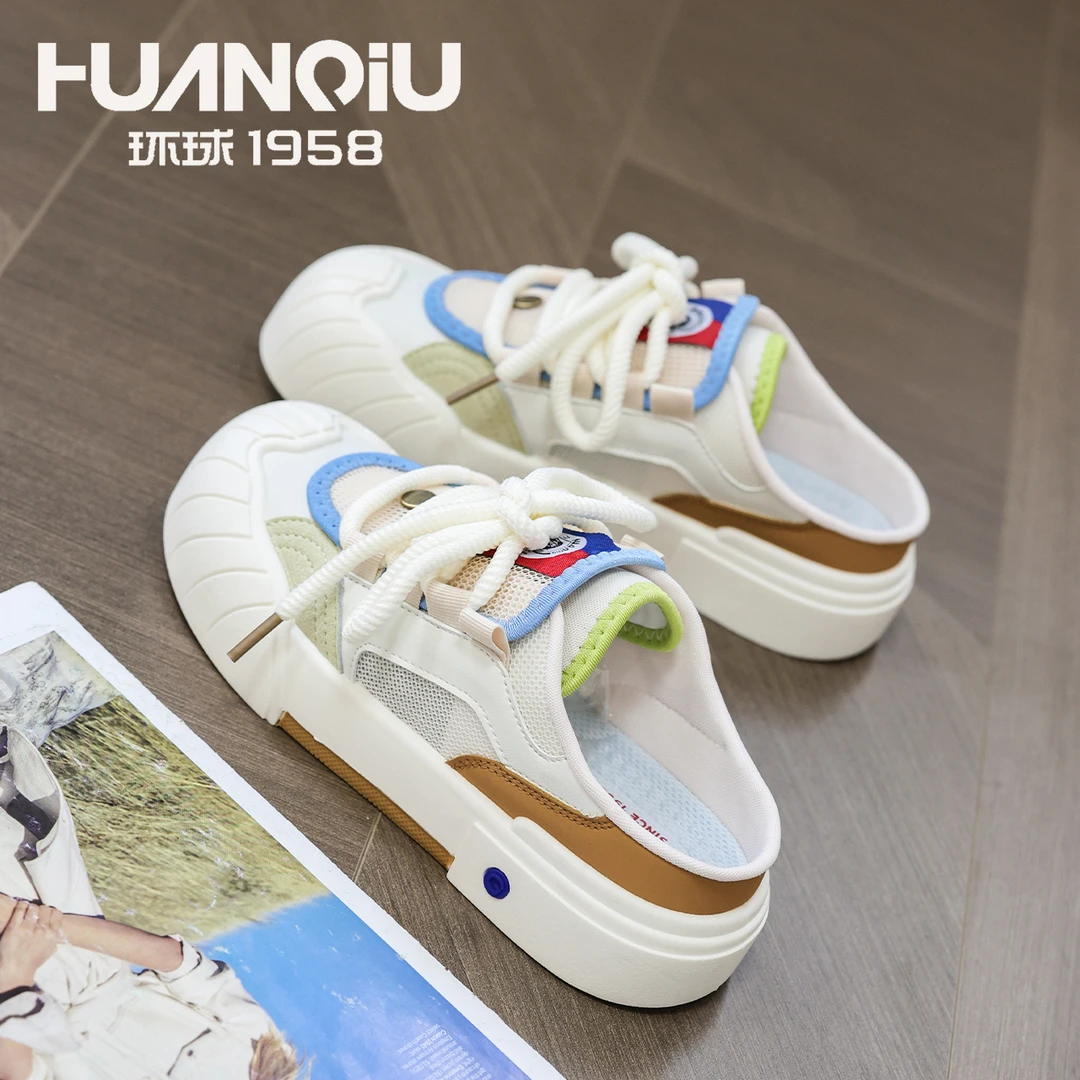 HUANQIU/环球夏季厚底半拖女百搭网红时尚运动网面增高透气休闲鞋