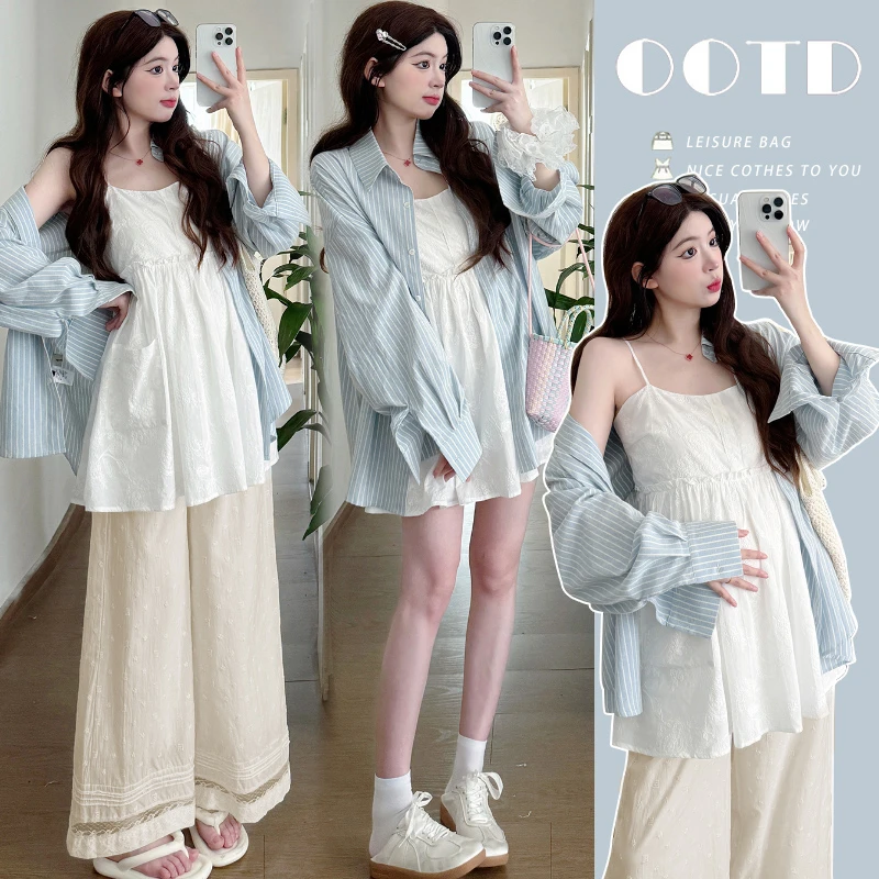 孕妇吊带裙衬衫花边阔腿裤孕妇装春夏装时尚三件套外穿长袖