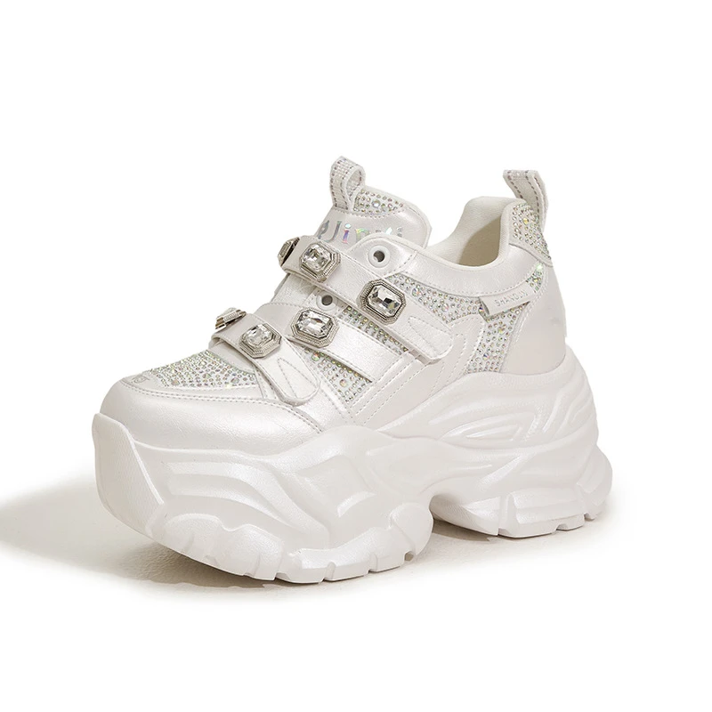 厚底老爹鞋女2025春季新款水钻魔术贴白单鞋休闲鞋百搭内增高女鞋
