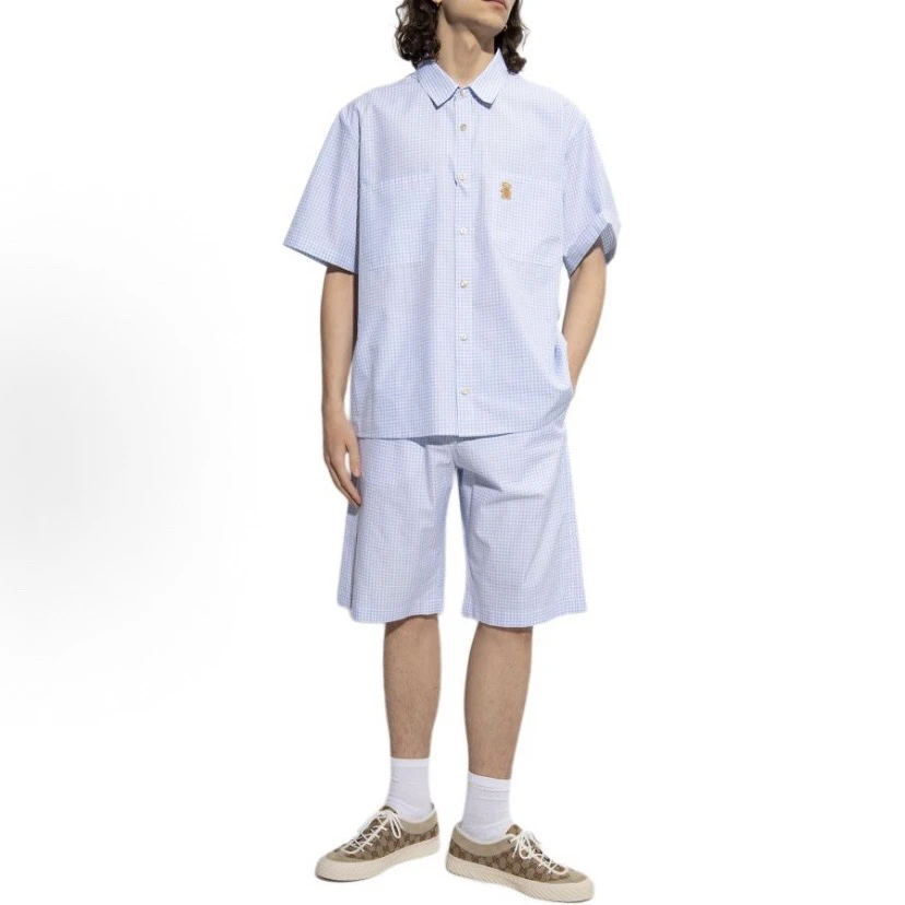 未使用 GUCCI/古驰 1751/ SS23 蓝色小熊格纹刺绣短袖衬衫/44码