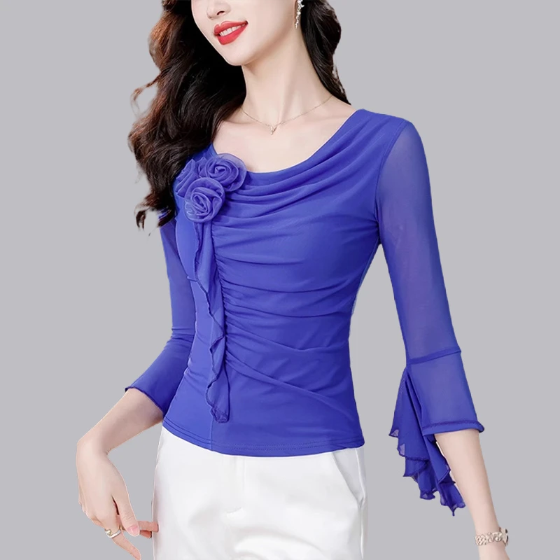 广场舞花朵荷叶边新款褶皱修身T恤拉丁舞现代舞服