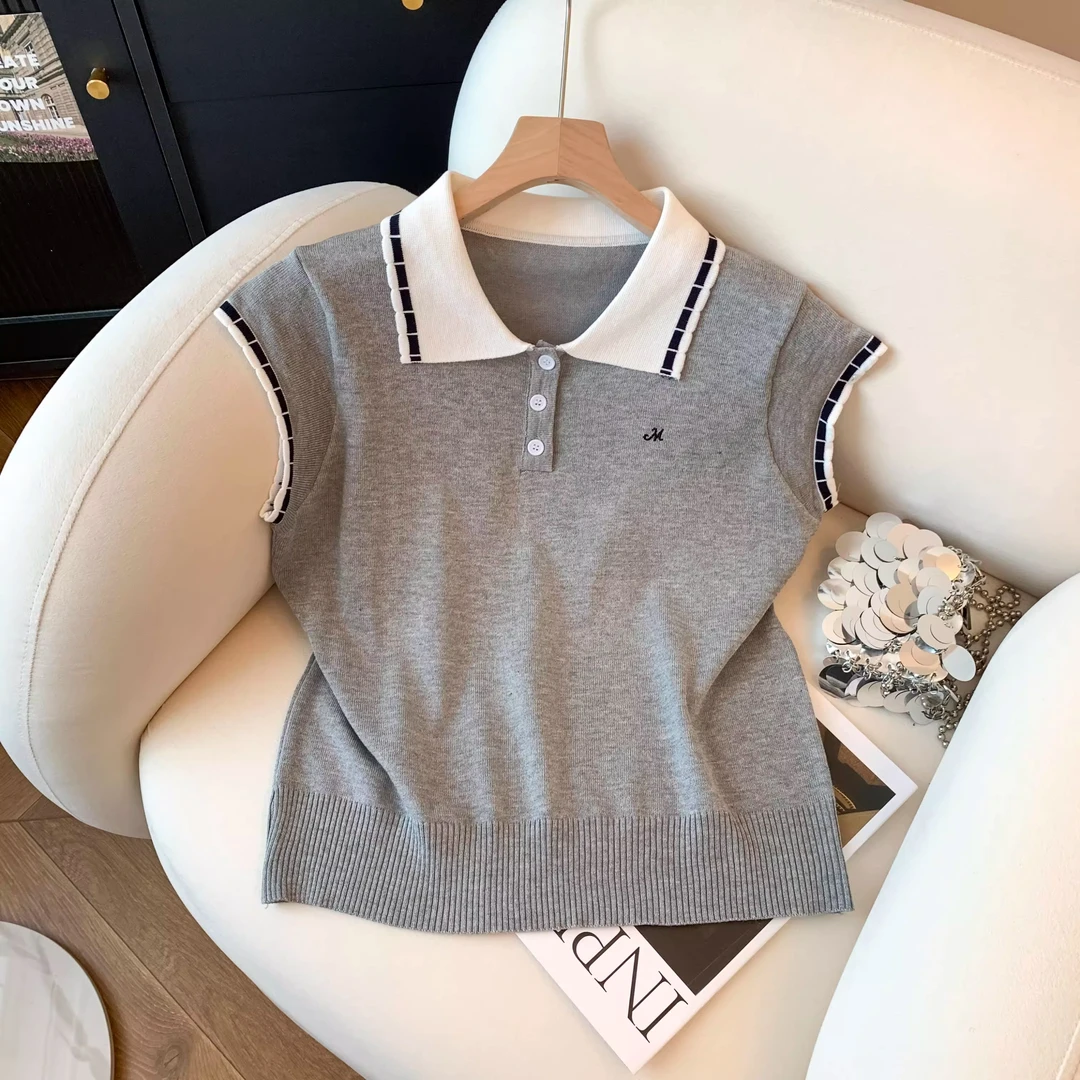 灰色设计感花边翻领小飞袖针织T恤女装夏季薄款修身显瘦减龄上衣