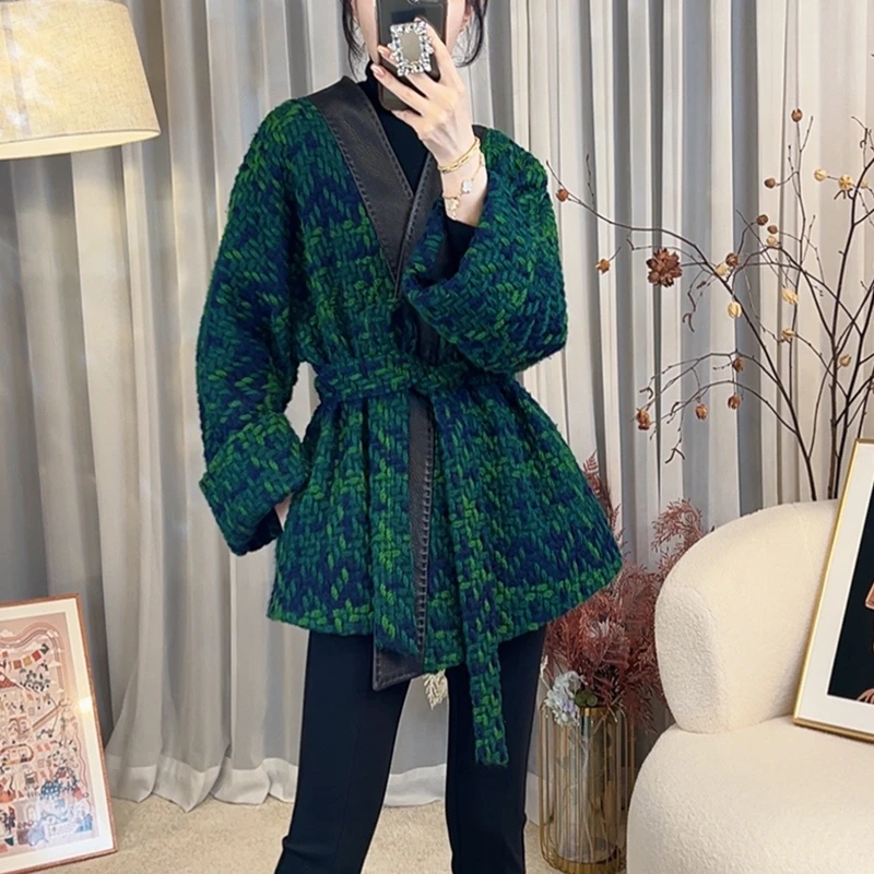 「VITALITY COCO」【斗篷系列】粗花呢V领宽松系带针织外套601