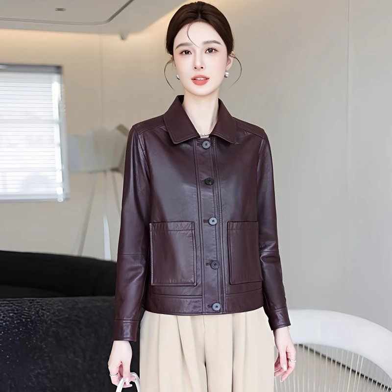 海宁正品短款皮衣女2025春秋季新品皮夹克翻领显瘦小个子短外套