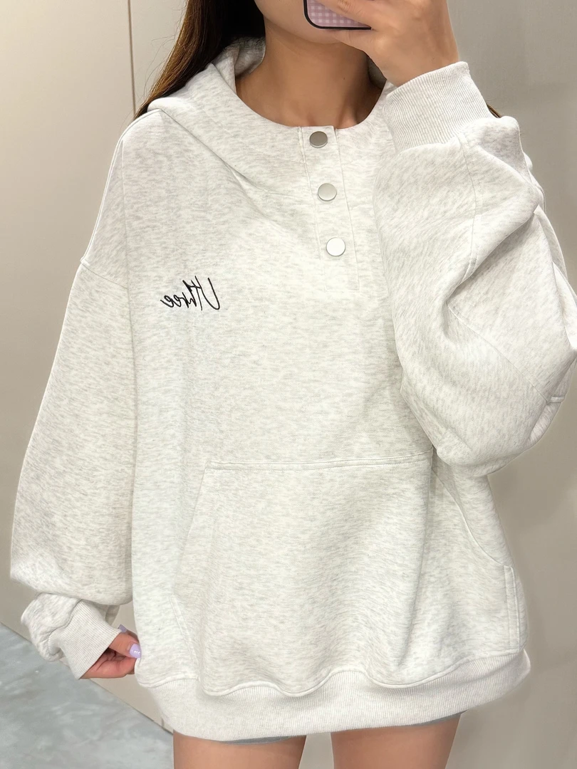 VThree重磅卫衣男女高街秋冬扣子刺绣宽松情侣潮牌连帽外套