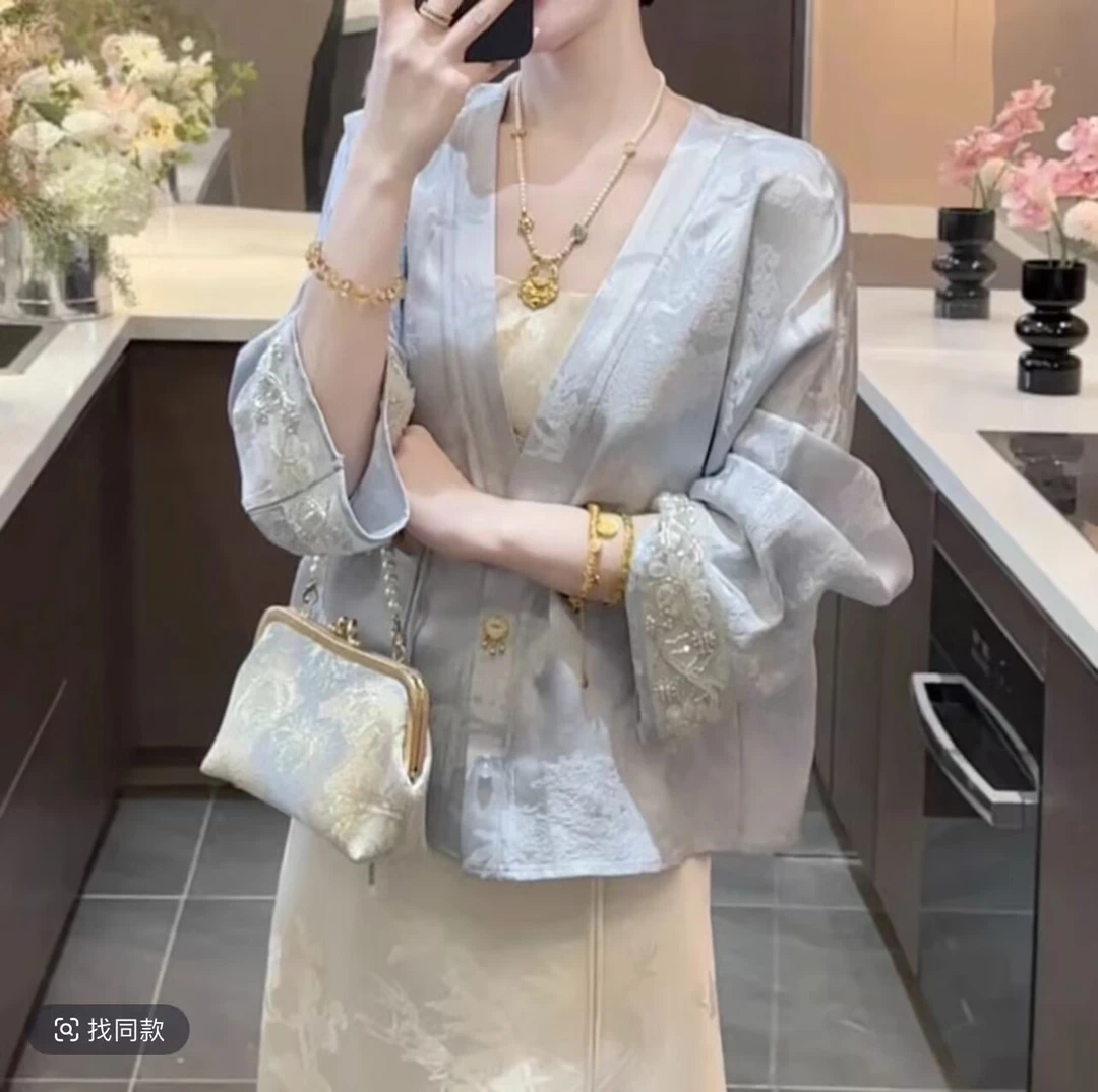 洋气提花新中式国风外套女气质百搭长袖开衫春季新款宽松显瘦上衣