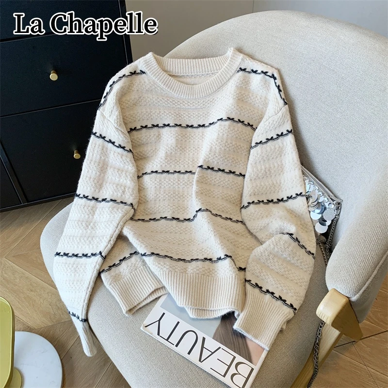 拉夏贝尔秋冬圆领条纹软糯提花毛衣女韩系百搭宽松显瘦打底针织衫