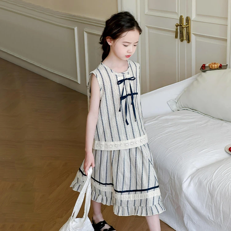 女童条纹连衣裙夏装两件套2025新款儿童无袖上衣韩版洋气MKX197