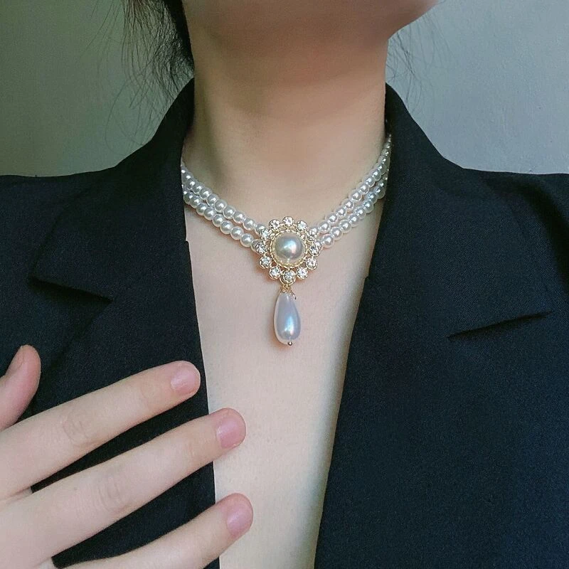 合金吊坠 复古宫廷风轻奢小众双层珍珠锁骨链赫本优雅气质宴会