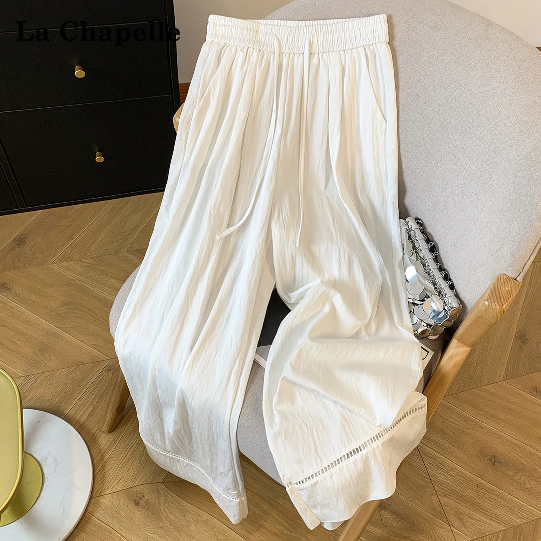 拉夏贝尔夏季天丝垂感九分阔腿裤女设计感花边镂空休闲百搭直筒裤