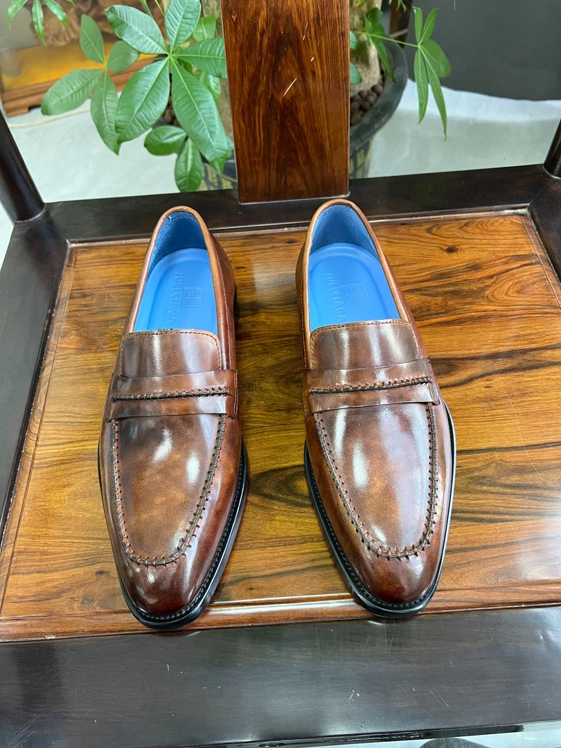 进口博物馆牛皮皮鞋乐福鞋经典百搭一脚蹬透气男鞋皮革拼接男款