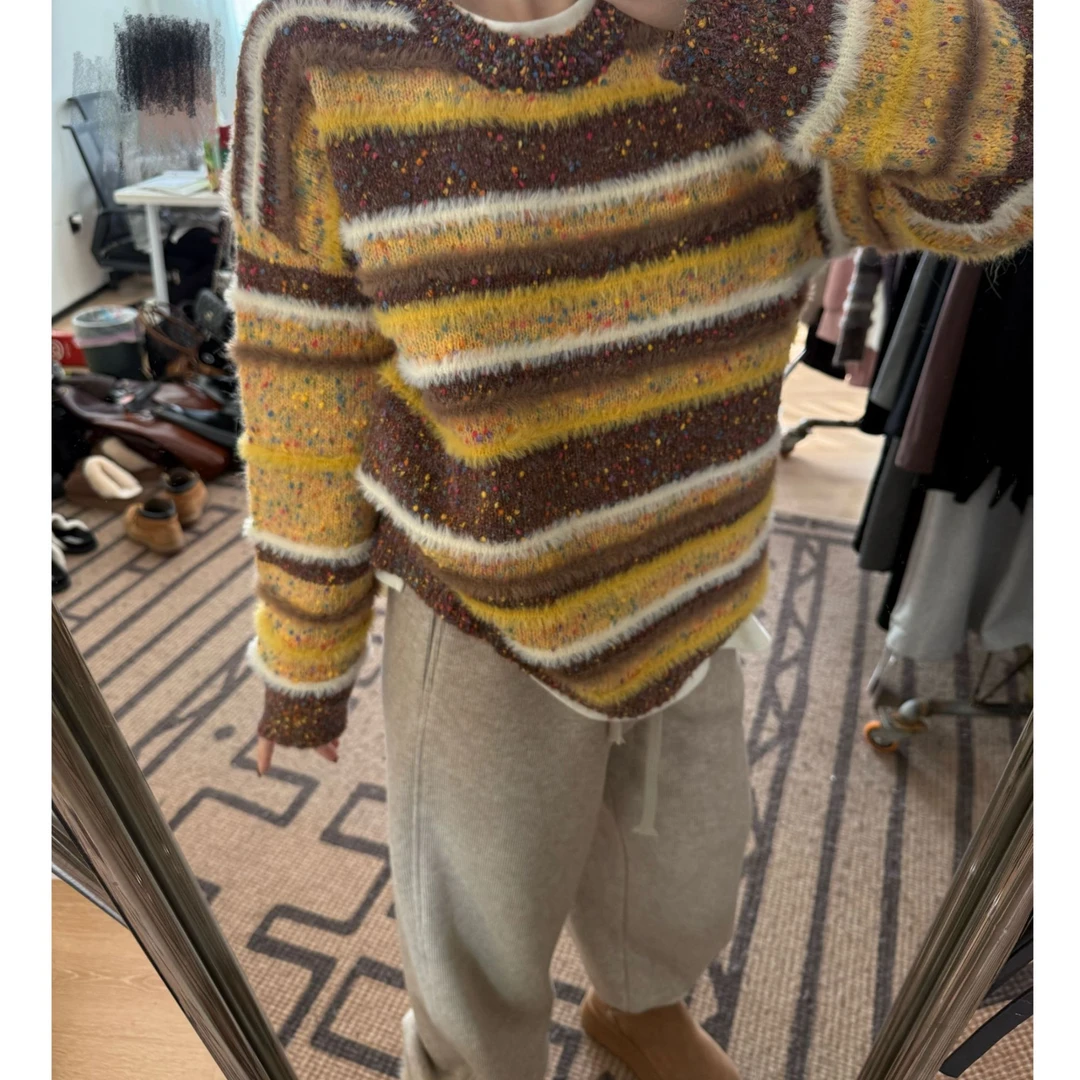 晶咕【彩虹糖】彩色花纱条纹拼接秋冬拼色宽松圆领毛衣