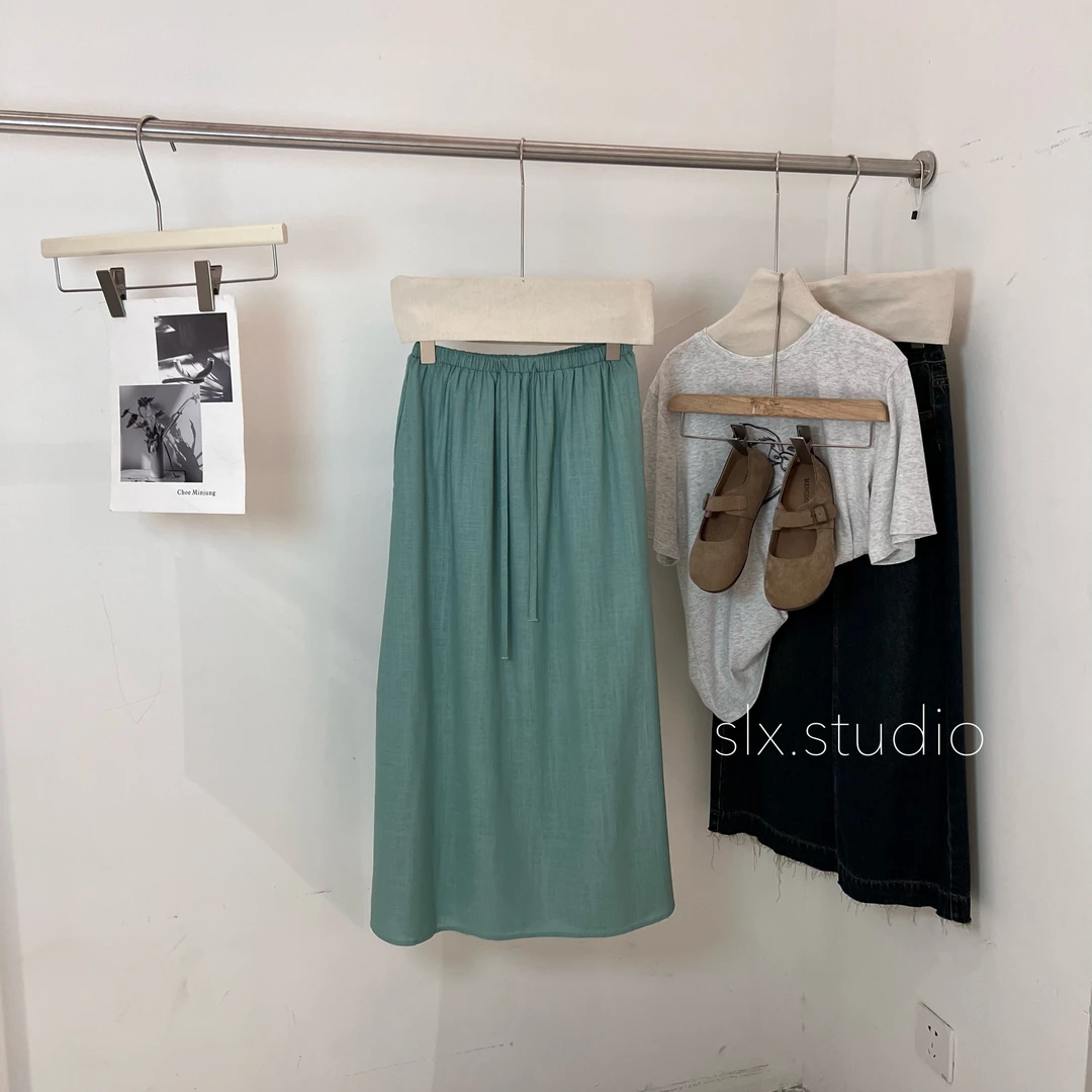 slx@ 6237 抽绳麻感半裙