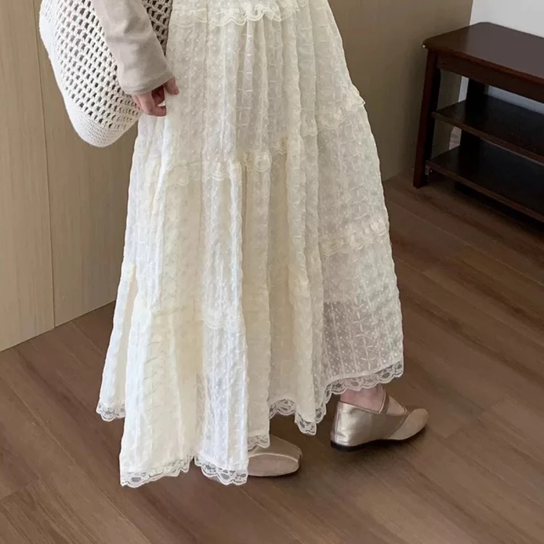 韩系钩花层层蛋糕半裙2025春秋新款百搭高腰显瘦掐腰半身裙伞裙女