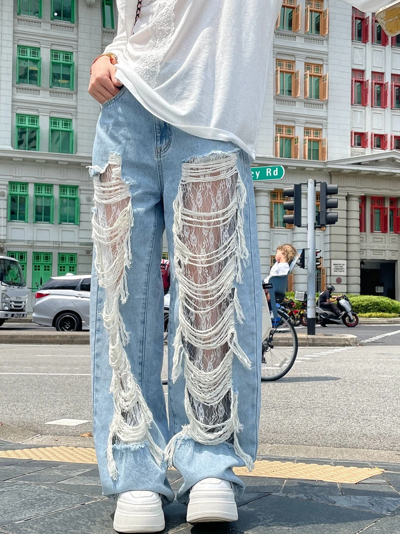 可可不加酱【小蕾丝】韩系破洞蕾丝休闲百搭直筒牛仔裤25A1K579