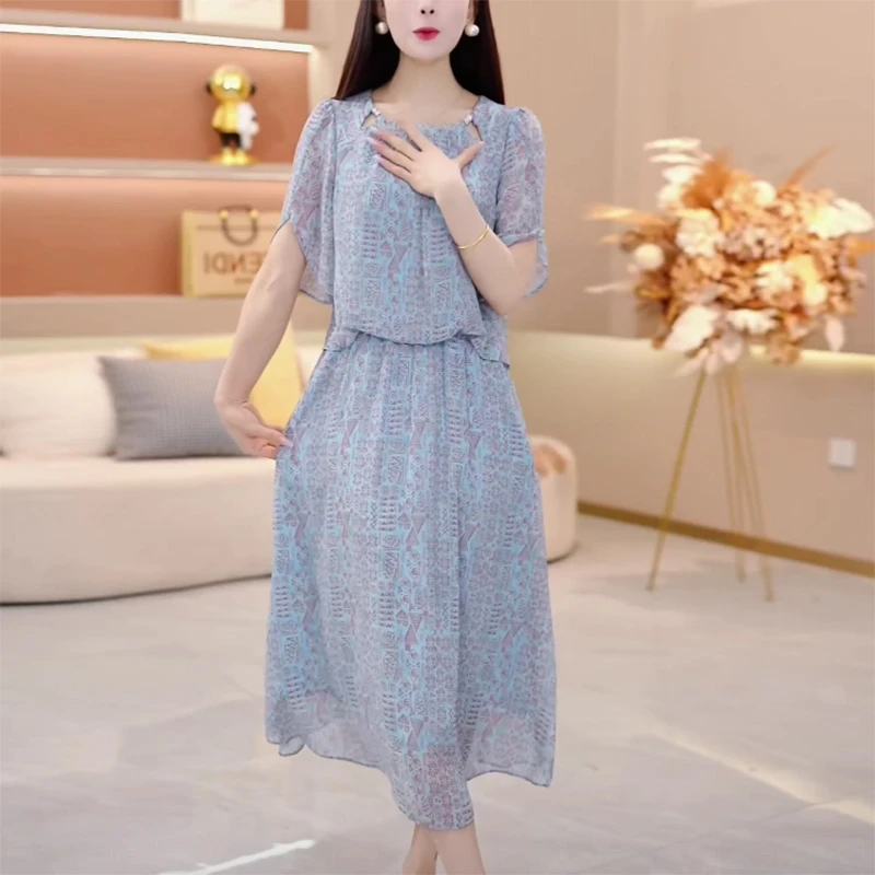 夏季新款气质时尚洋气大气修身显瘦收腰妈妈装中长款轻熟风连衣裙