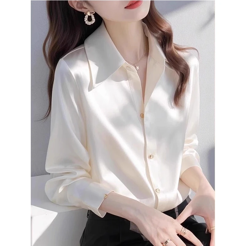 2025新款春季时尚通勤衬衣高端减龄优雅单排扣翻领上衣白色衬衫女