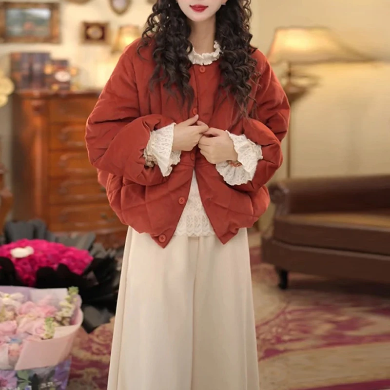 冬季加厚保暖圆领菱格棉服女宽松洋气高级感长袖慵懒复古棉衣外套