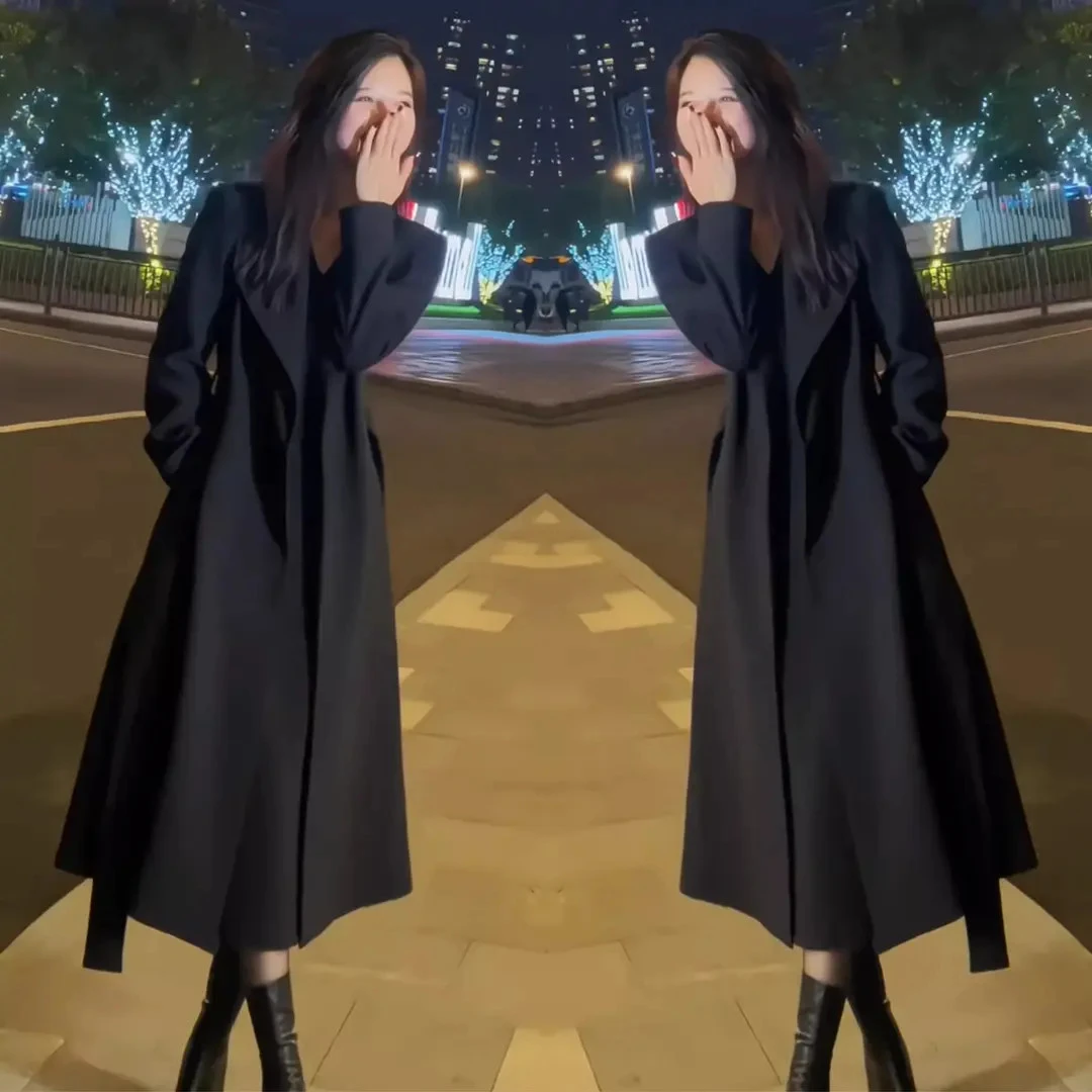 大码网红简约时髦女神范炸街胖mm秋季过膝长款系带翻领风衣外套潮