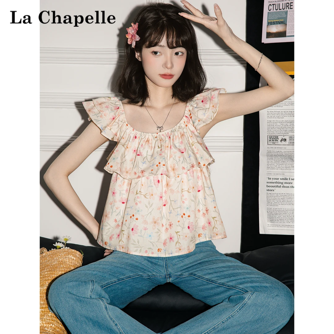 拉夏贝尔法式设计感碎花小飞袖衬衫女2025夏季度假风衬衣短袖上衣