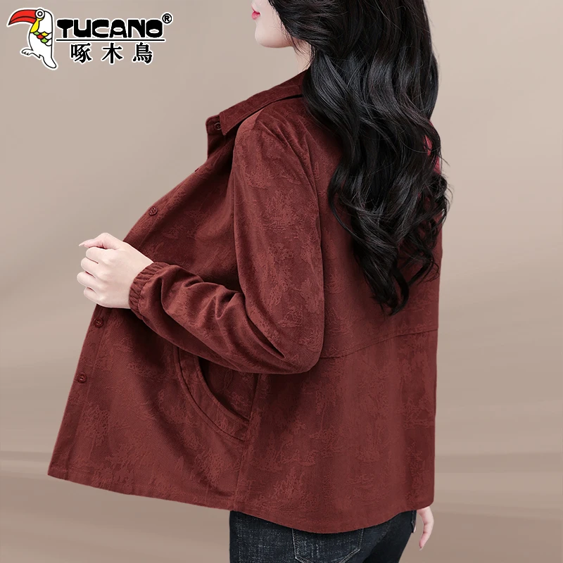 啄木鸟女士衬衫外套女春季2025新款妈妈灯芯绒衬衣春秋薄款上衣