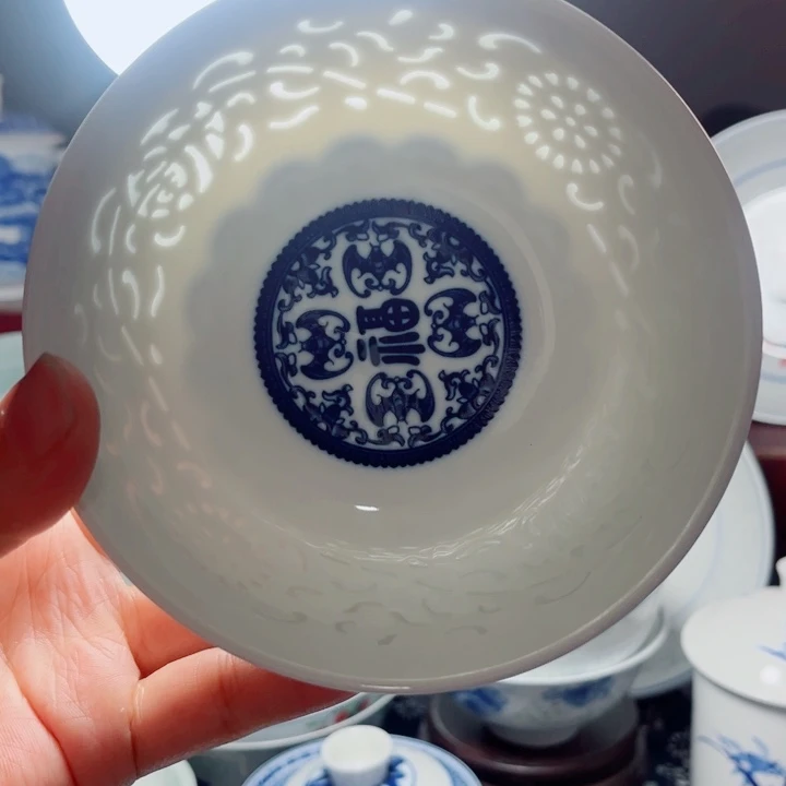 青花玲珑5寸饭碗满雕满福五福