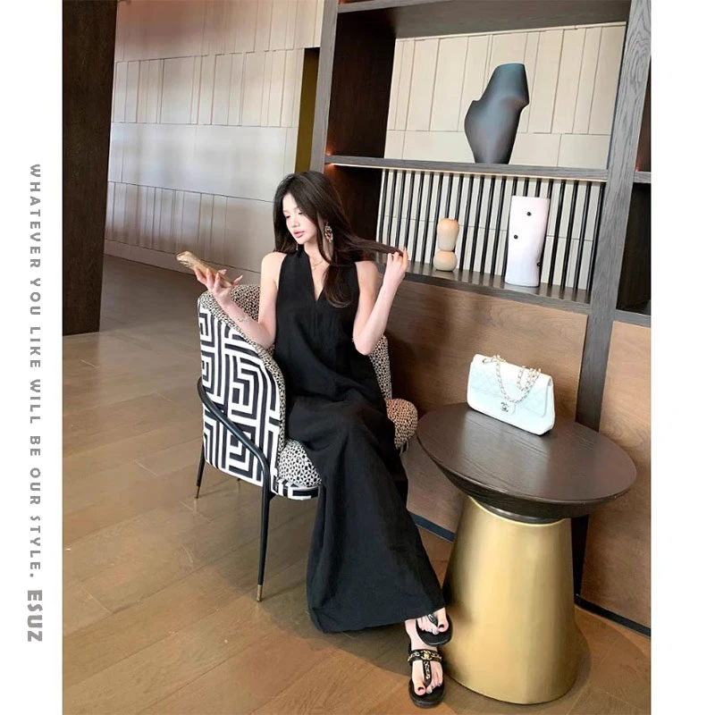 【XZ】连衣裙长袖黑色夏季赫本风无袖V领套头吊带裙长裙显瘦气质