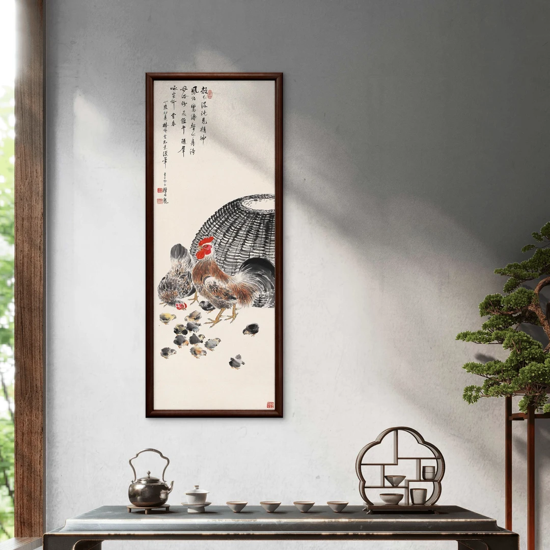 757-32*80公鸡图装饰画实木框玄关书房茶室客厅挂画