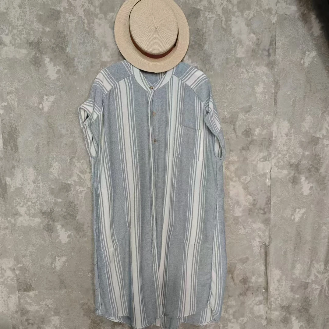 【沐木流浪记】蓝白条纹圆领单口袋女装风衣外套Z