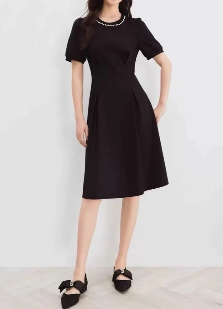 【珂】裙长100，2025夏季新款醋酸简约减龄钉珠小黑裙连衣裙-1816