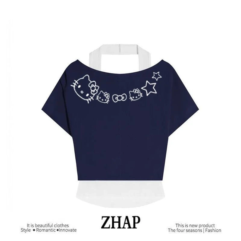 【ZHAP】辣妹新款露肩挂脖假两件撞色短袖t恤女藏青色通勤紧身简约
