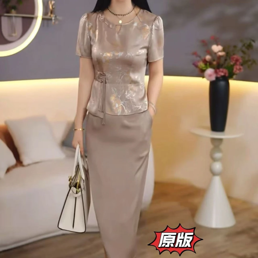 高档提花锦缎时尚女装连衣裙2025夏季新款显瘦遮肉洋气减龄礼服裙