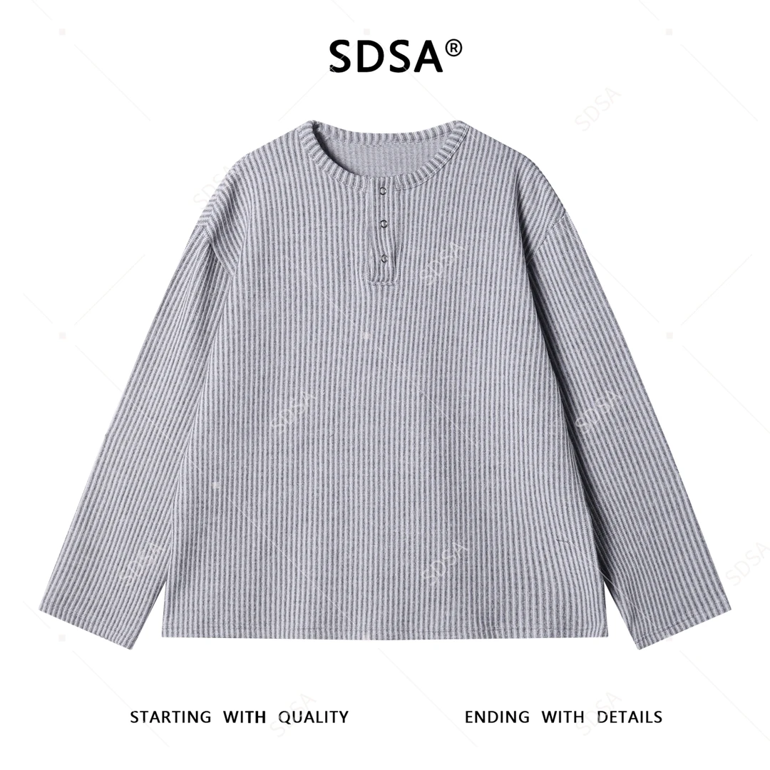 SDSA秋冬新款痞帅男装简约撞色竖纹按扣圆领毛衣百搭套头针织衫