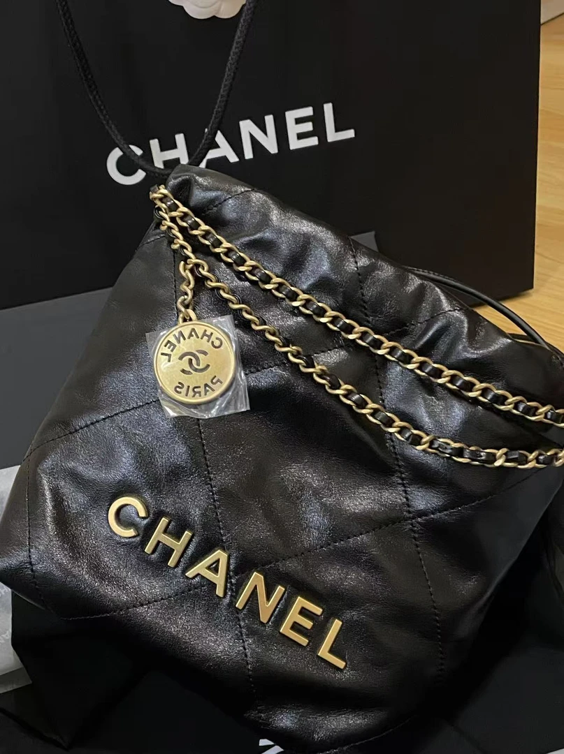 95新 Chanel/香奈儿 22bag垃圾袋mini新款黑色牛皮单肩包24483740