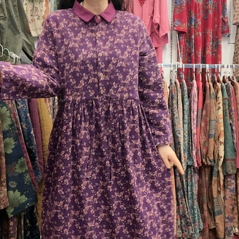 招财猫收腰麻裙紫花