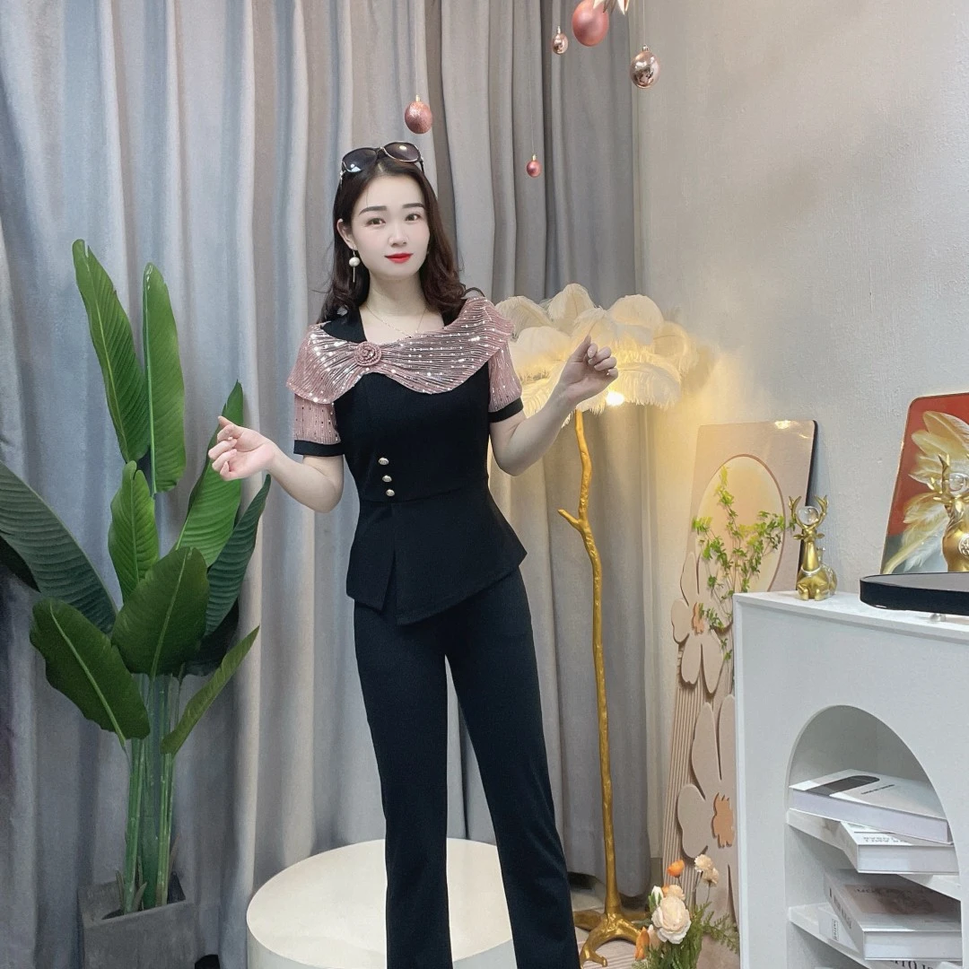 短袖夏季新款高端女装法式时尚洋气修身减龄气质显瘦套装 989