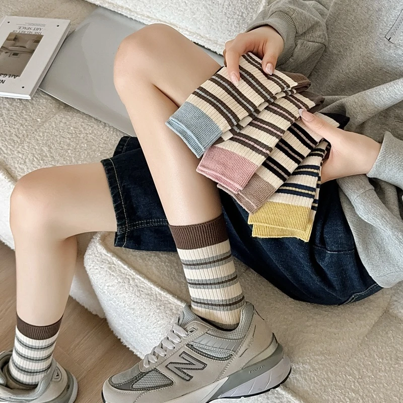 【5双】2025秋冬女士袜子新款堆堆袜蓝棕条纹中筒袜百搭肯鞋长筒袜
