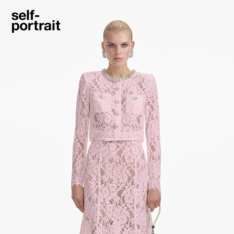 self-portrait 2025新款粉红色气质钻饰蕾丝长袖短款外套开衫