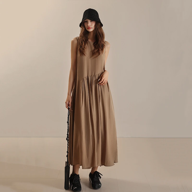 夏季女江南无袖圆领不规则下摆中长款莱赛尔连衣裙连身裙MD5178