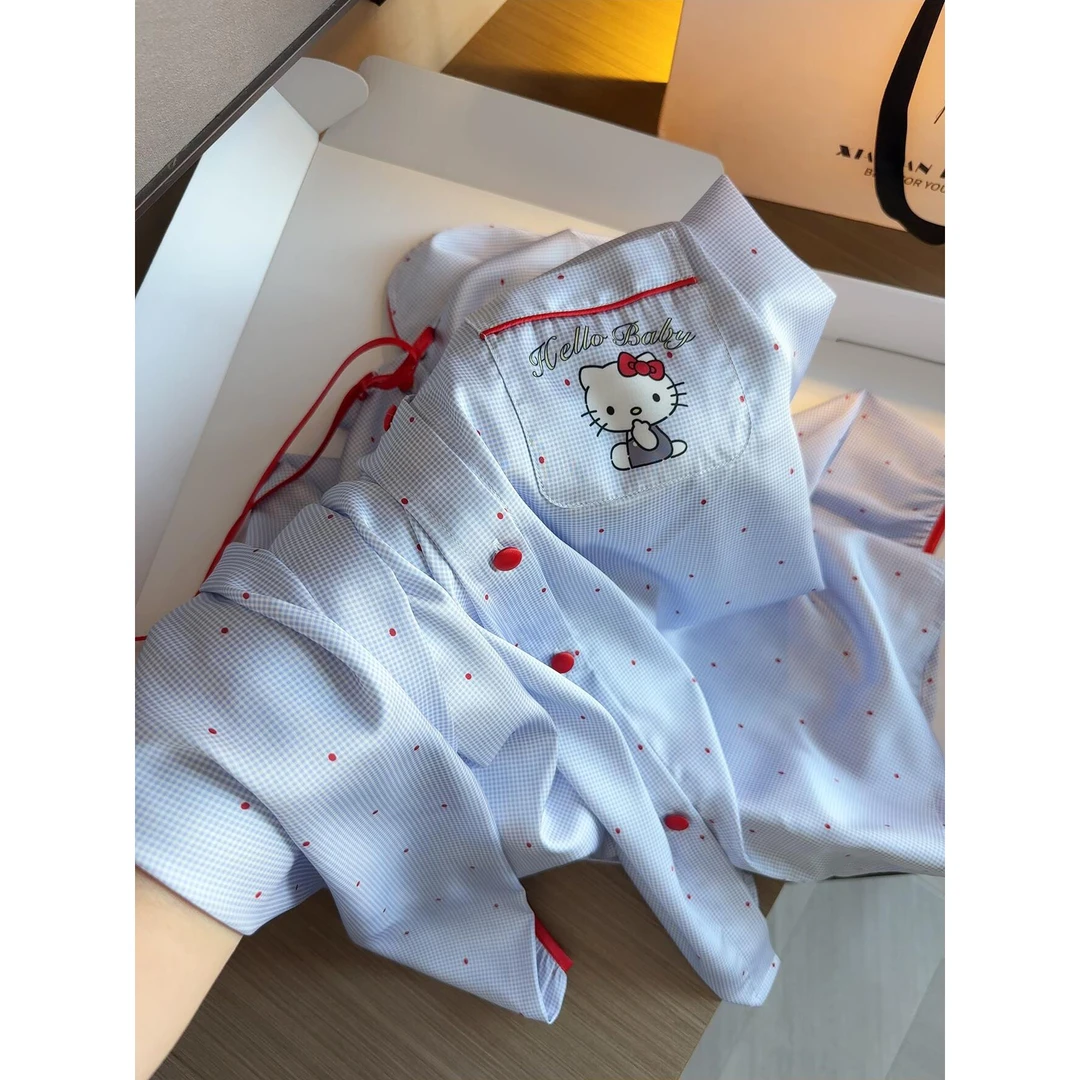 韩版可爱凯蒂猫冰丝睡衣女夏款新款缎面夏季长裤家居服大码套装