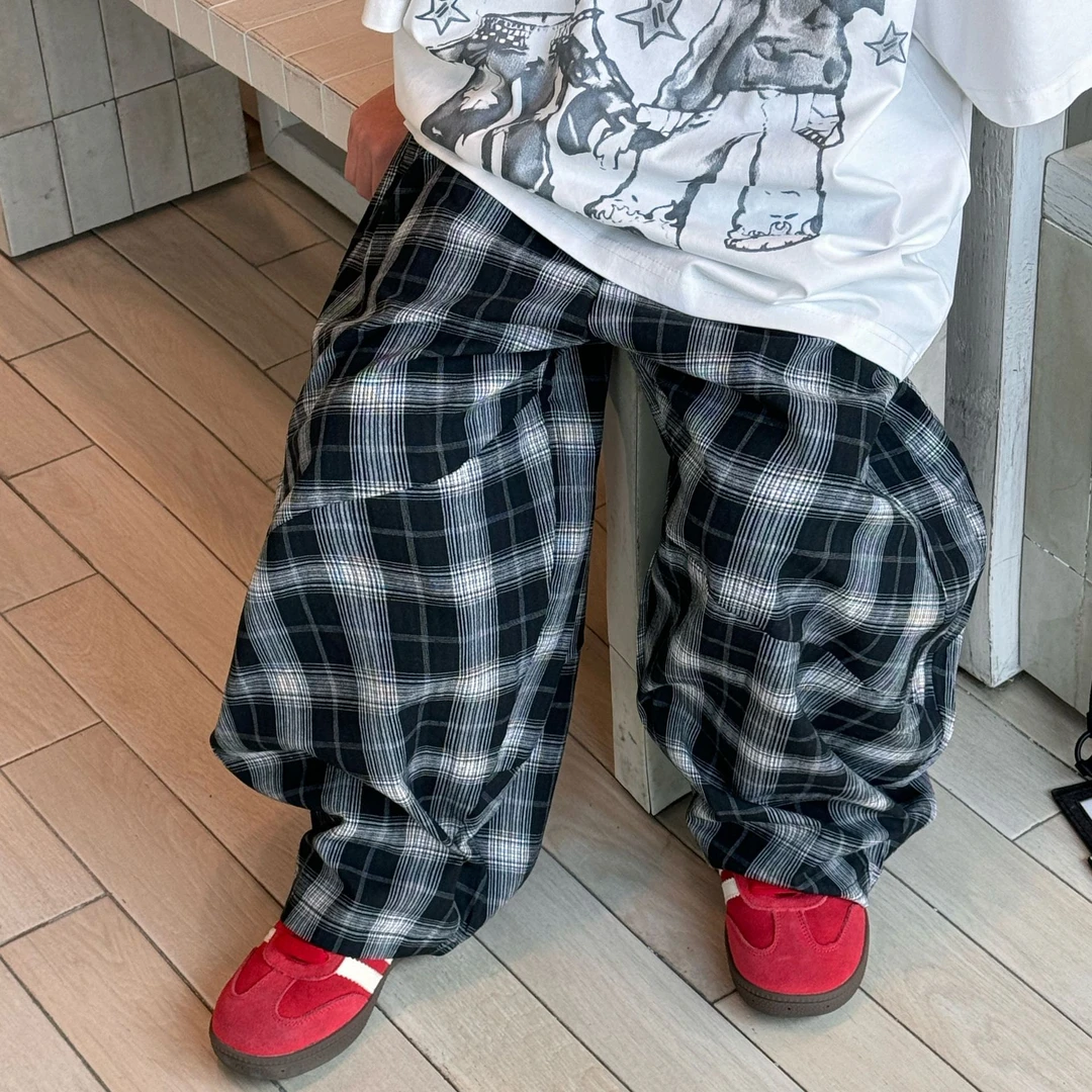 2025春季新款韩版男童直筒格子宽松阔腿长裤痞帅休闲裤儿童潮