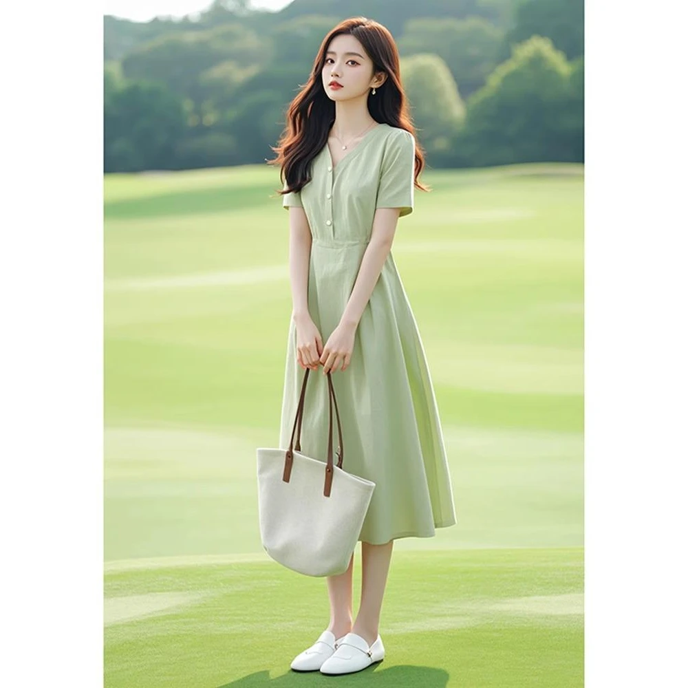 绿色v领收腰雪纺连衣裙子女夏季法式端庄大气小个子显高海边度假