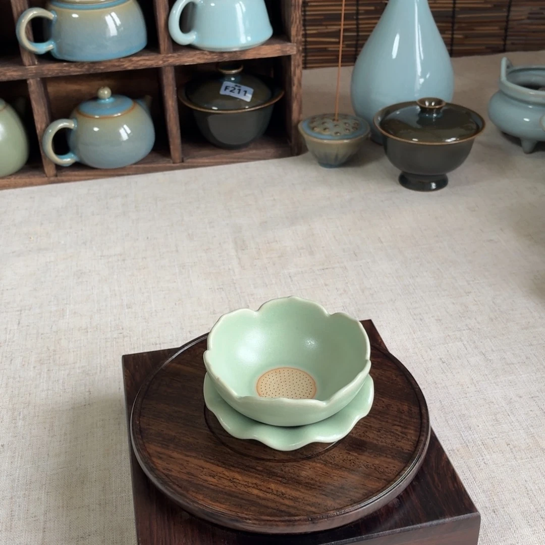 陶摆件柴烧碧青茶漏