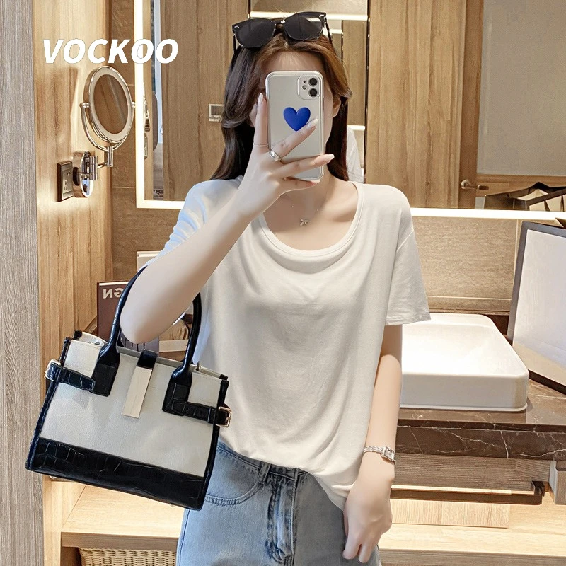 VOCKOO莫代尔白色t恤女夏季薄款短袖设计感女小众宽松半袖体恤上